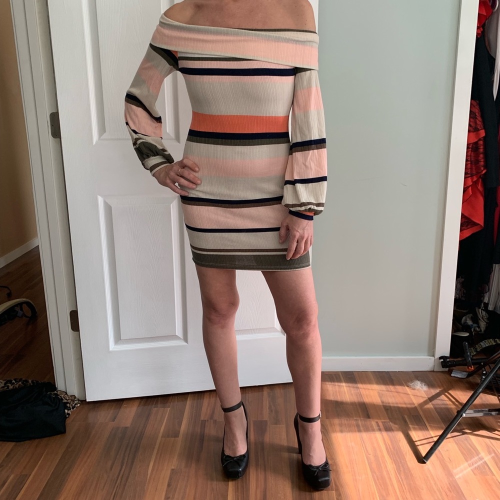 Blue Blush Stripped Off Shoulder Mini Dress